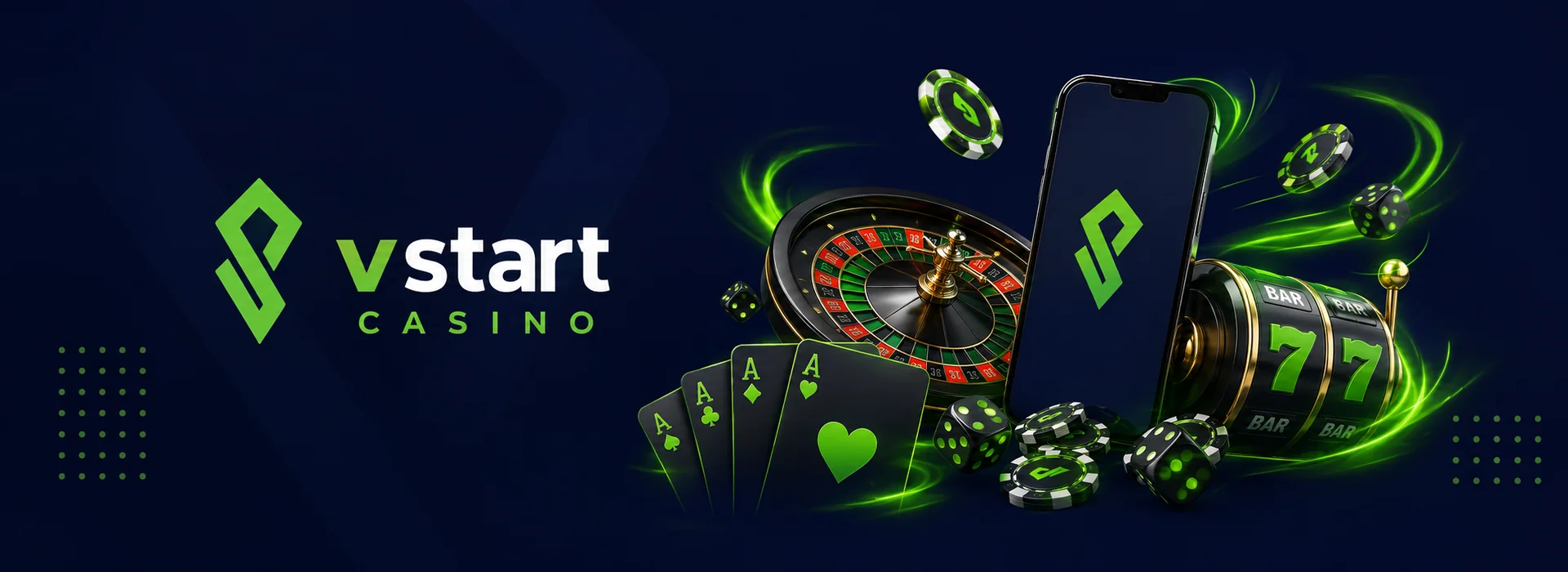 Banner Vstart Casinò con slot, tavolo live e palinsesto sport su fondo navy